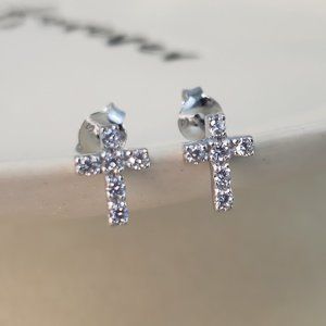 Rhodium Plated Sterling Silver Cross Earrings